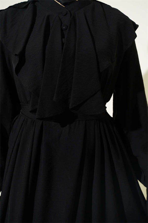 Half-Button Belted Ruffled Dress, Black