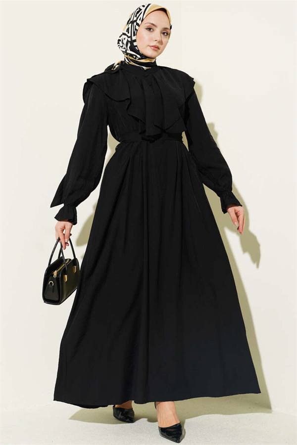 Half-Button Belted Ruffled Dress, Black