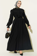 Half-Button Belted Ruffled Dress, Black