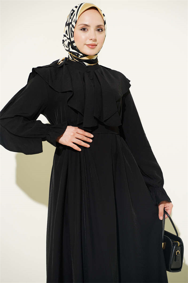 Half-Button Belted Ruffled Dress, Black