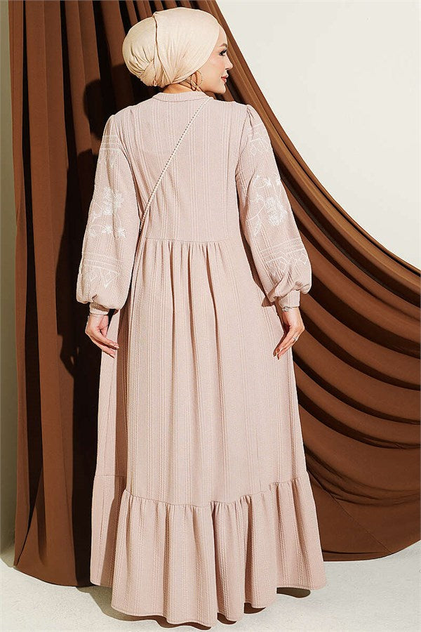 Half-Button Embroidered Knitted Dress, Beige