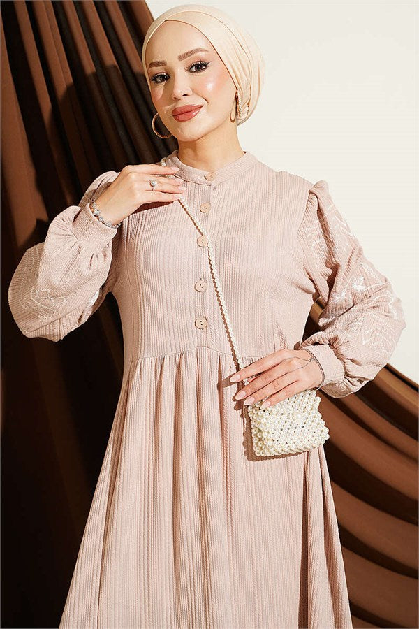Half-Button Embroidered Knitted Dress, Beige
