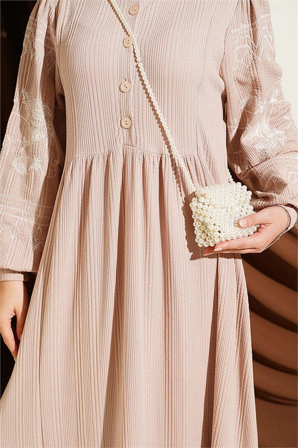 Half-Button Embroidered Knitted Dress, Beige