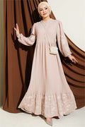 Half-Button Embroidered Knitted Dress, Beige