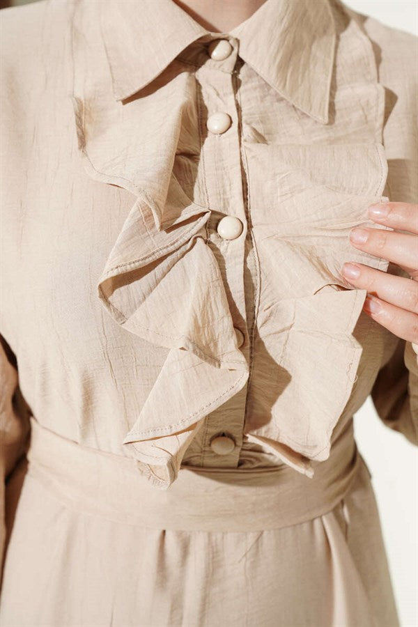 Half-Buttoned Dress with Ruffles Front, Beige