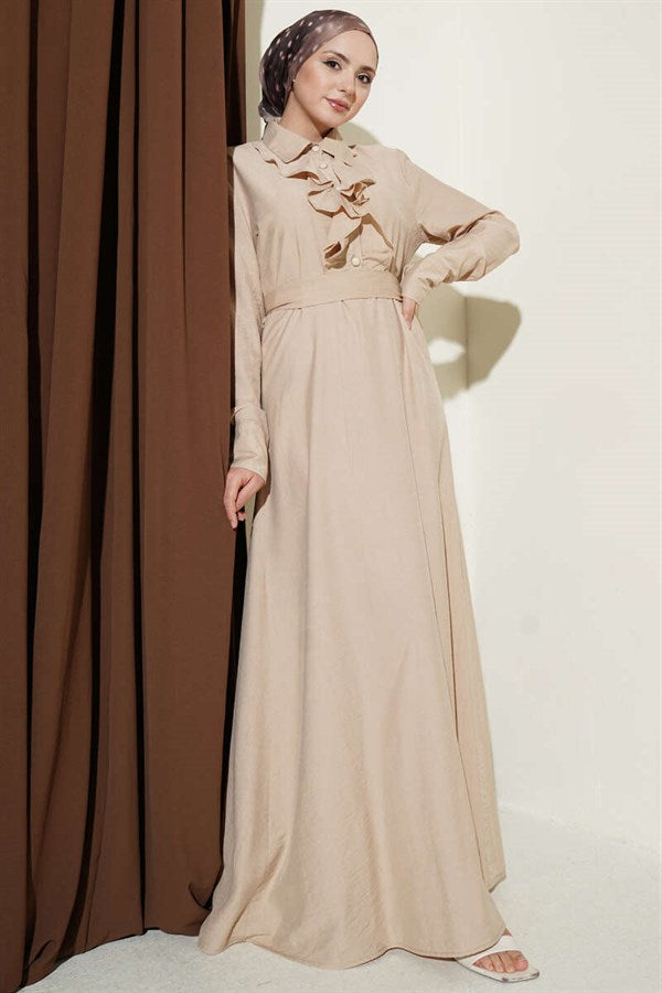 Half-Buttoned Dress with Ruffles Front, Beige