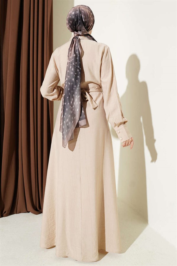 Half-Buttoned Dress with Ruffles Front, Beige