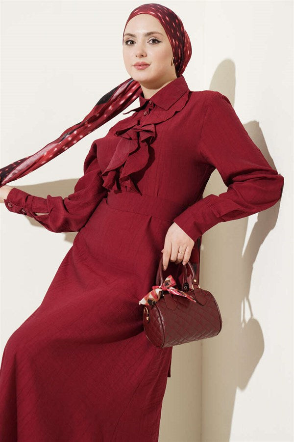 Half-Buttoned Dress with Ruffles at the Front, Burgundy