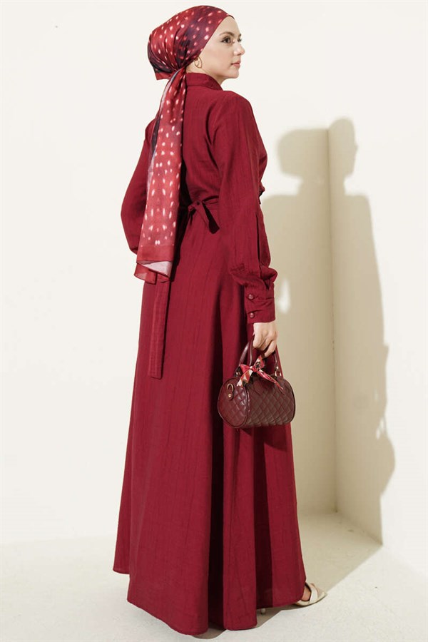 Half-Buttoned Dress with Ruffles at the Front, Burgundy