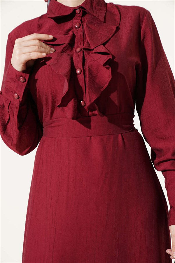 Half-Buttoned Dress with Ruffles at the Front, Burgundy