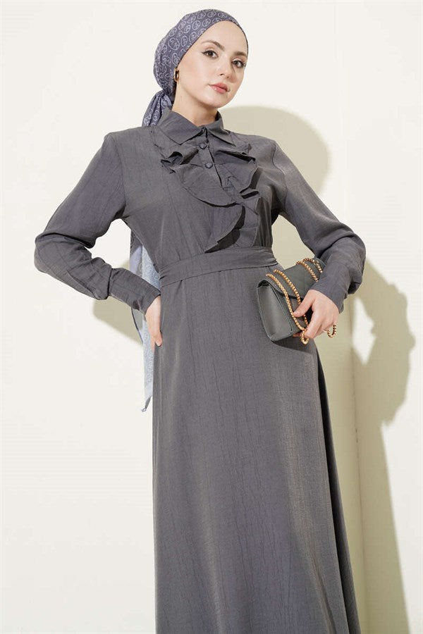 Half-Buttoned Dress with Ruffles at the Front, Smoke Grey