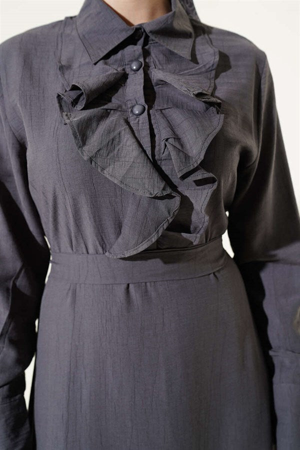 Half-Buttoned Dress with Ruffles at the Front, Smoke Grey