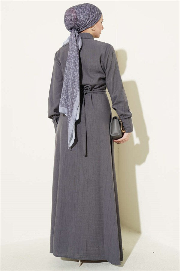 Half-Buttoned Dress with Ruffles at the Front, Smoke Grey