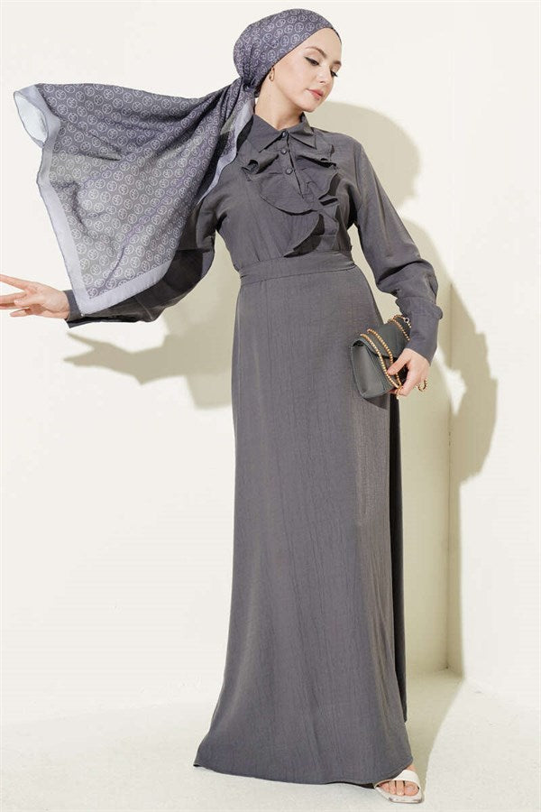 Half-Buttoned Dress with Ruffles at the Front, Smoke Grey