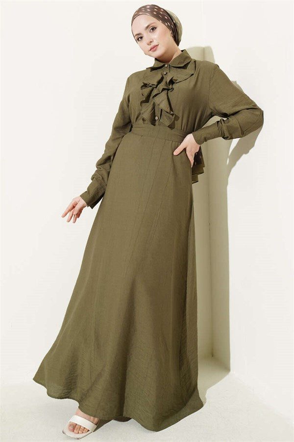 Half-Buttoned Dress with Ruffles at the Front, Khaki