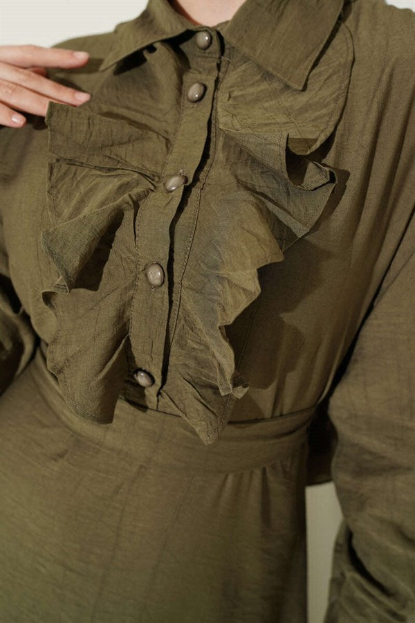 Half-Buttoned Dress with Ruffles at the Front, Khaki