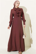 Half-Buttoned Ruffled Front Dress, Brown