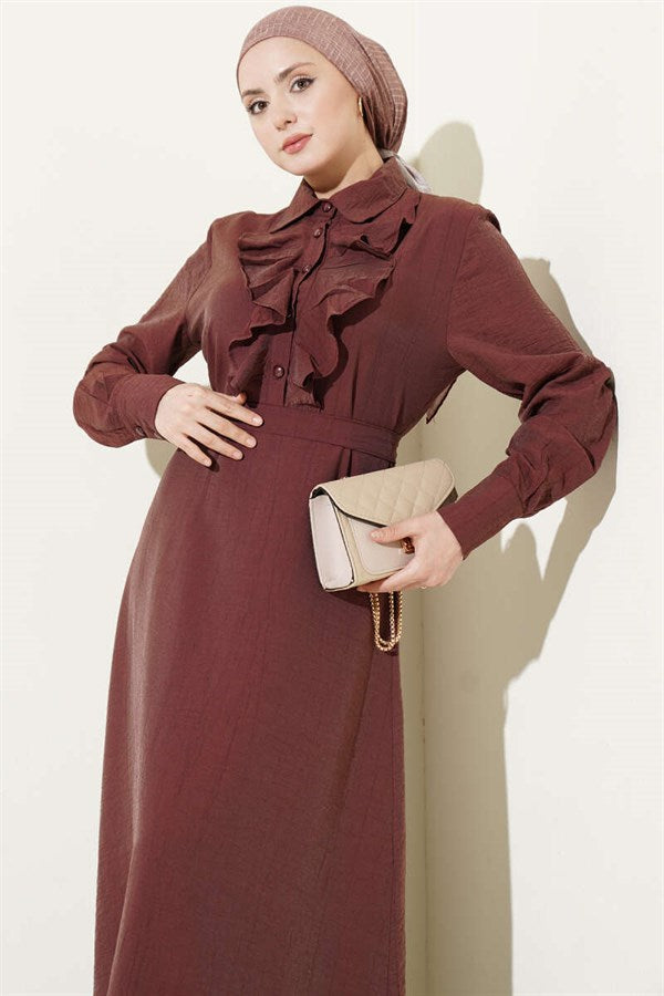 Half-Buttoned Ruffled Front Dress, Brown