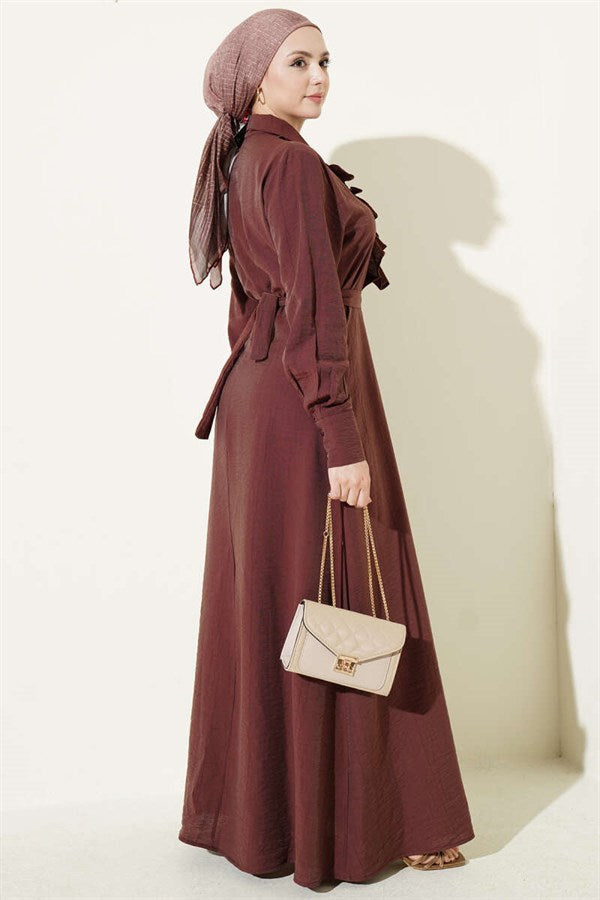 Half-Buttoned Ruffled Front Dress, Brown