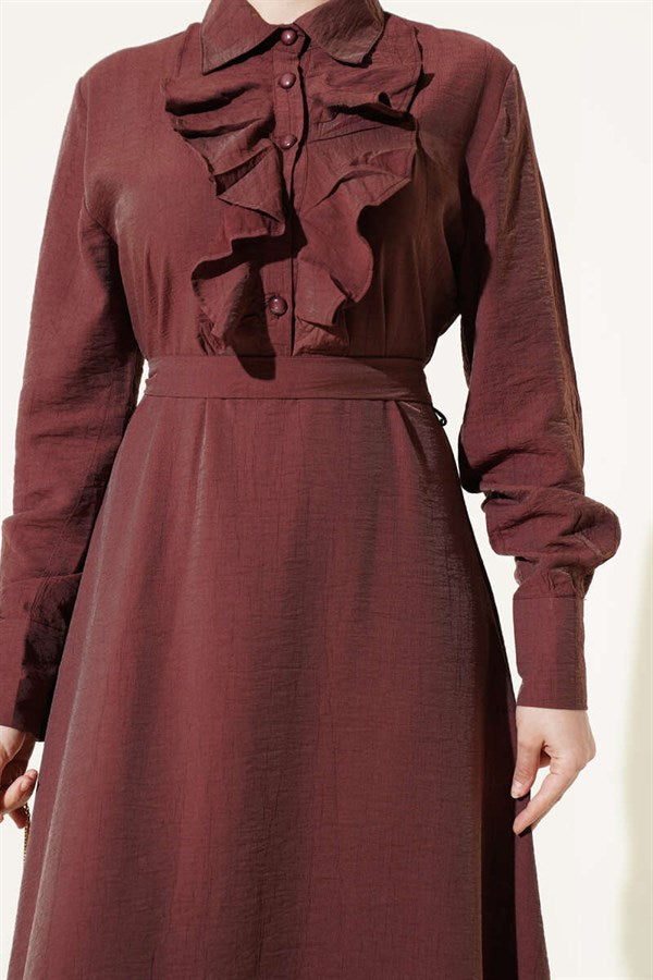 Half-Buttoned Ruffled Front Dress, Brown