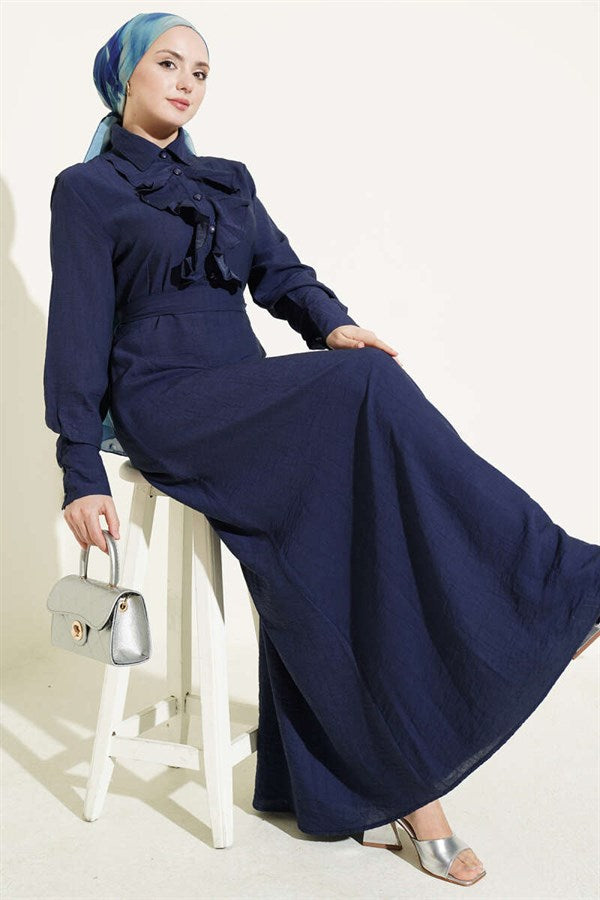 Half-Buttoned Dress with Ruffled Front, Navy Blue