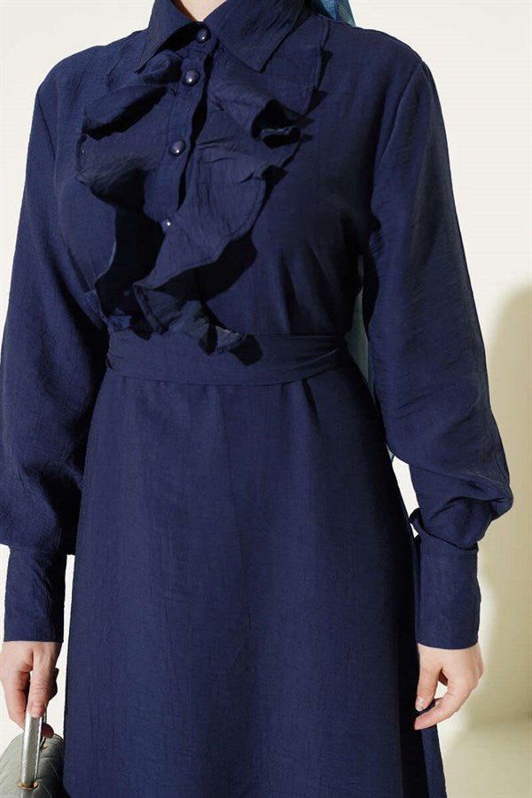 Half-Buttoned Dress with Ruffled Front, Navy Blue