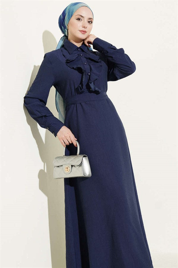 Half-Buttoned Dress with Ruffled Front, Navy Blue