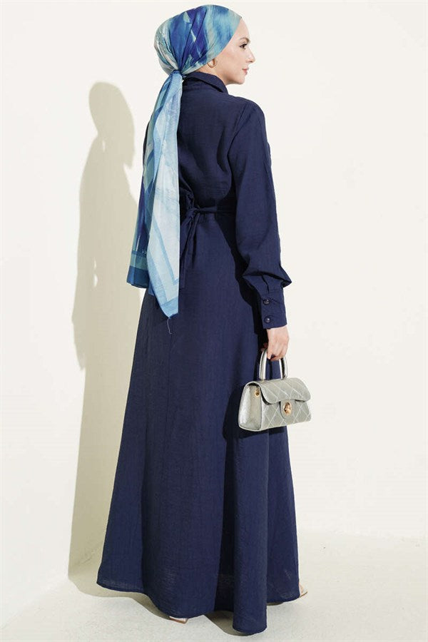 Half-Buttoned Dress with Ruffled Front, Navy Blue