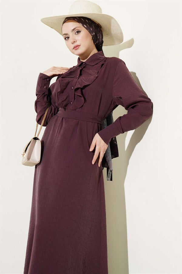 Half-Buttoned Dress with Ruffles at the Front, Plum
