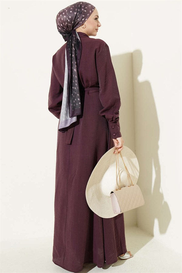 Half-Buttoned Dress with Ruffles at the Front, Plum