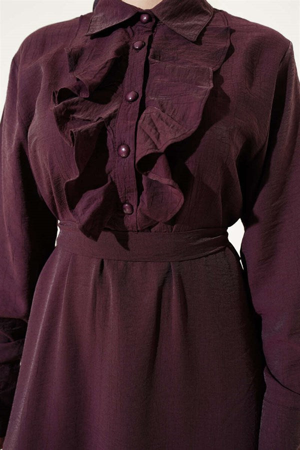 Half-Buttoned Dress with Ruffles at the Front, Plum