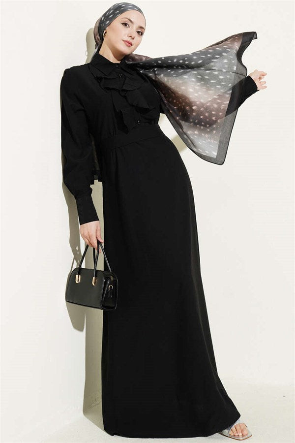 Half-Buttoned Ruffled Front Dress, Black