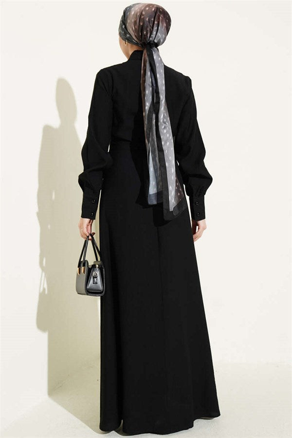 Half-Buttoned Ruffled Front Dress, Black