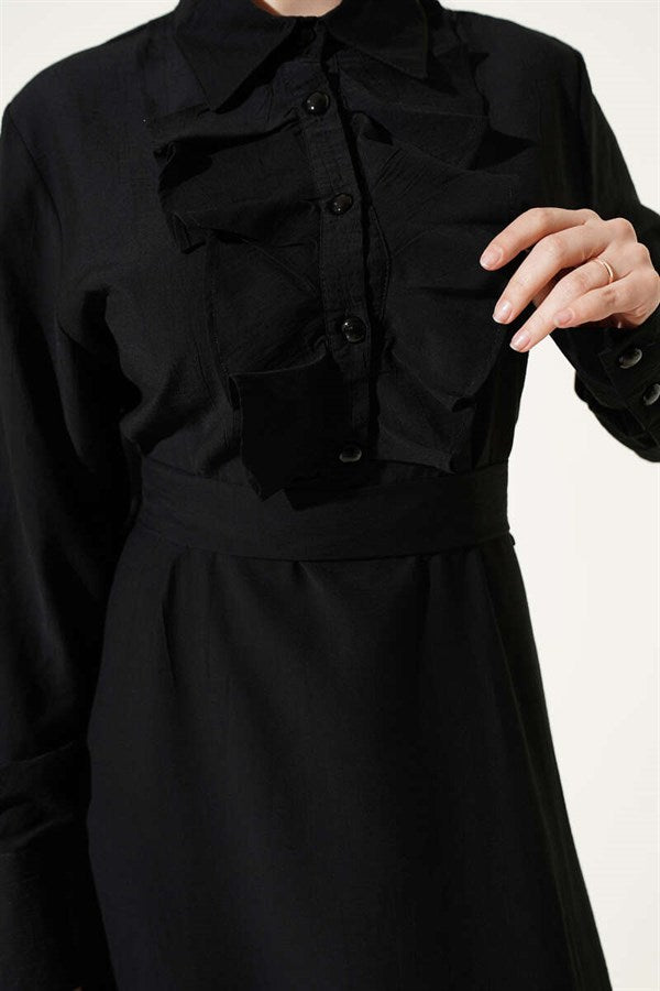 Half-Buttoned Ruffled Front Dress, Black