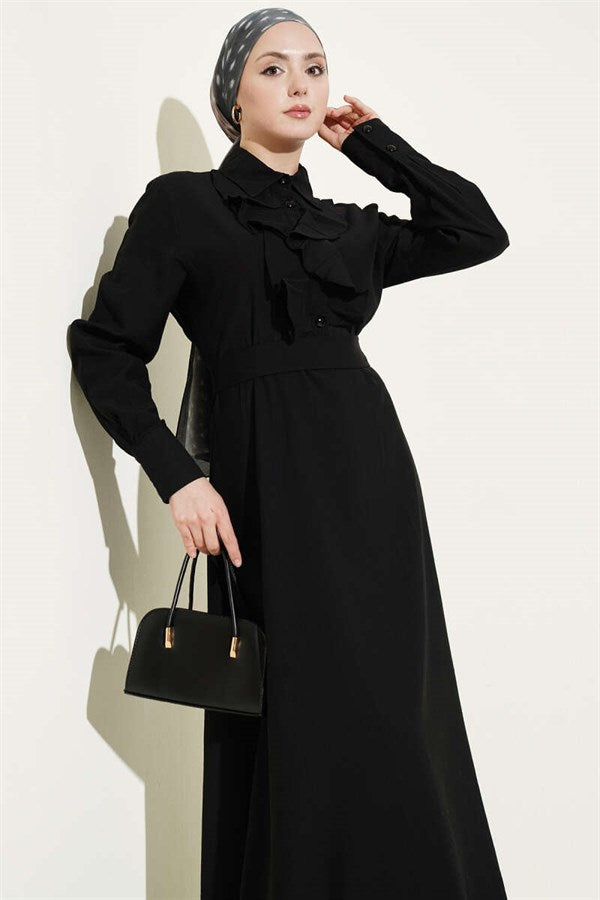 Half-Buttoned Ruffled Front Dress, Black