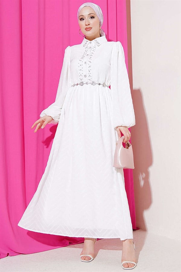 Half-Buttoned Dress with Stone Embellishment in Ecru