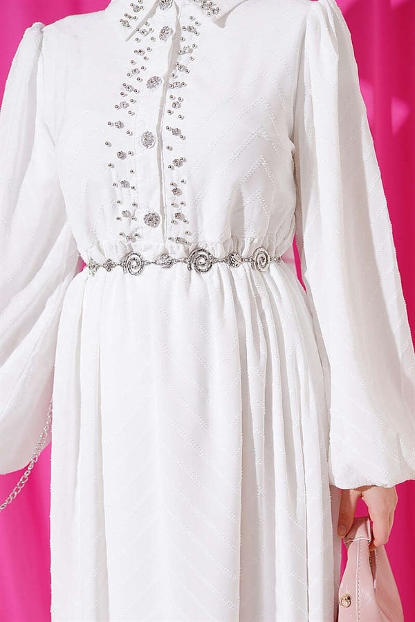 Half-Buttoned Dress with Stone Embellishment in Ecru