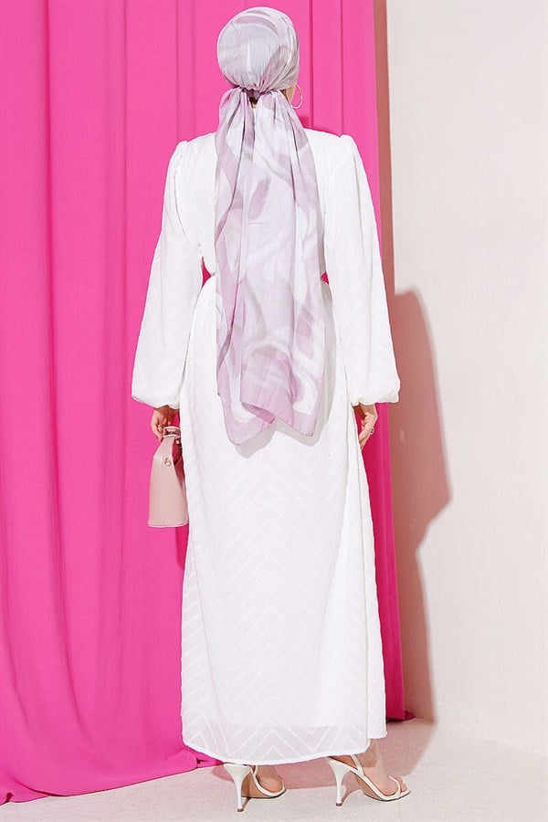 Half-Buttoned Dress with Stone Embellishment in Ecru