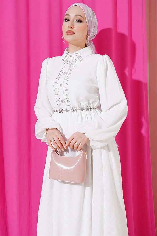 Half-Buttoned Dress with Stone Embellishment in Ecru