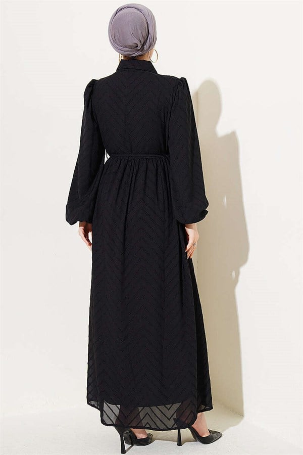 Half-Button Dress with Rhinestone Embellishment in Black