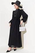 Half-Button Dress with Rhinestone Embellishment in Black