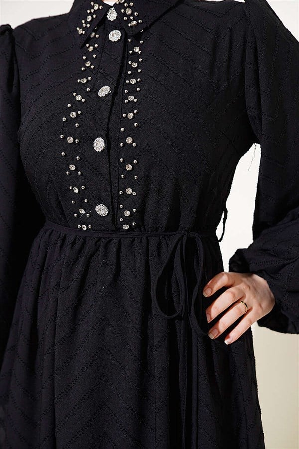 Half-Button Dress with Rhinestone Embellishment in Black