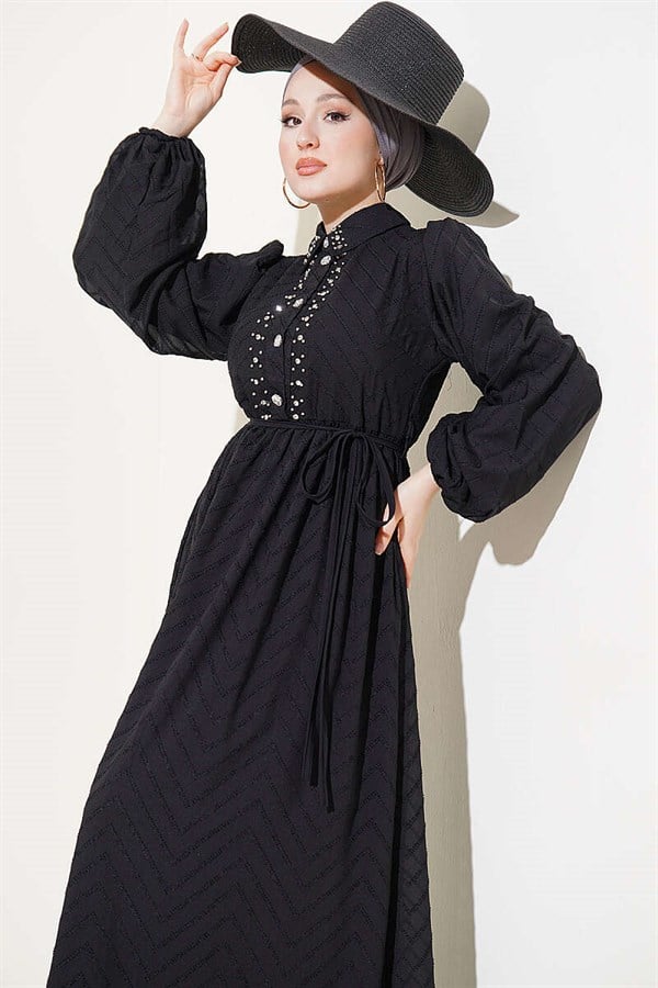 Half-Button Dress with Rhinestone Embellishment in Black