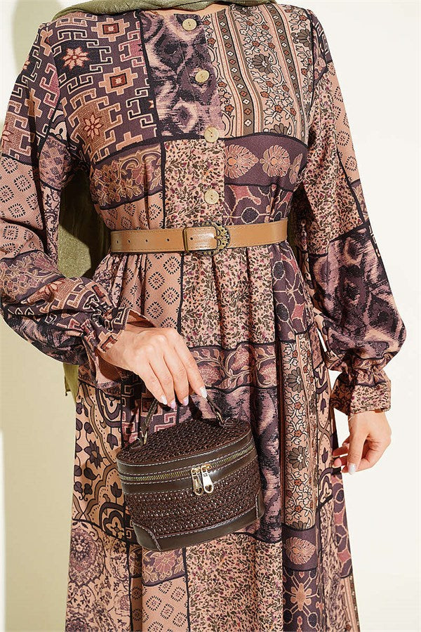 Half-Button Authentic Patterned Dress Camel