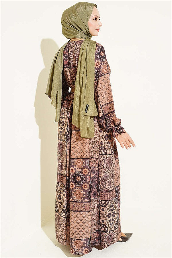 Half-Button Authentic Patterned Dress Camel