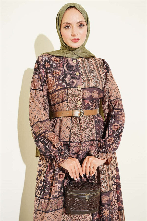 Half-Button Authentic Patterned Dress Camel