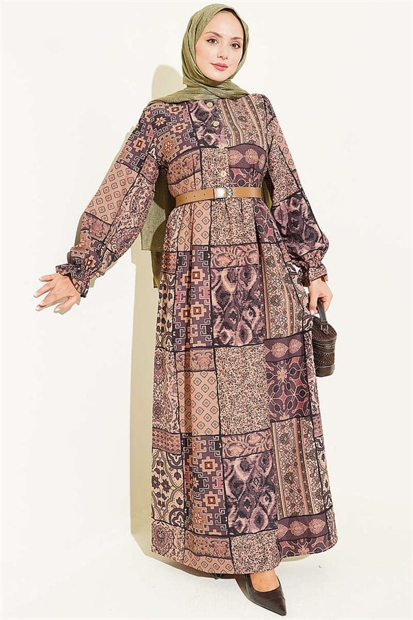 Half-Button Authentic Patterned Dress Camel