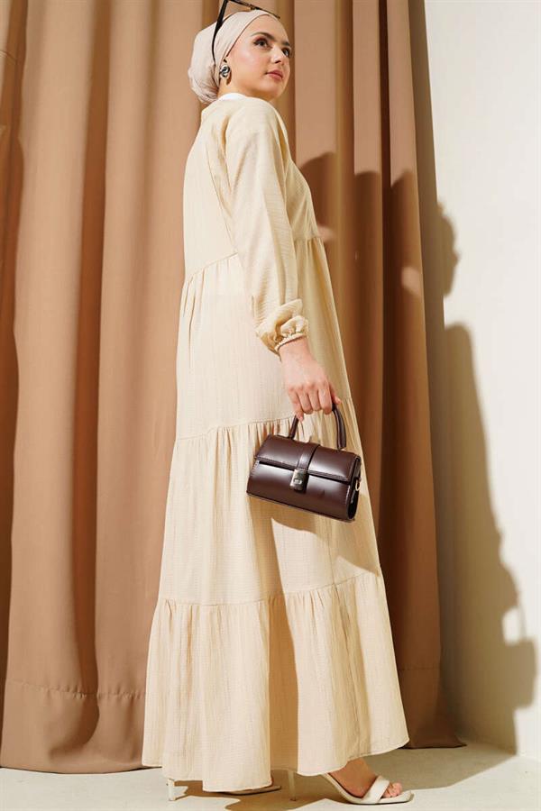 Half Button Placket Layered Dress Beige