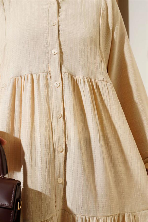 Half Button Placket Layered Dress Beige