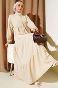 Half Button Placket Layered Dress Beige
